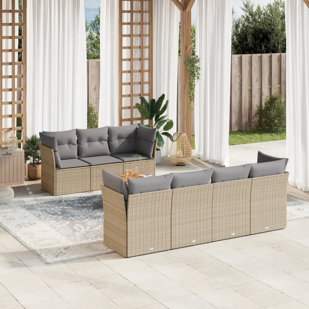 Set Divano da Giardino 8 pz con Cuscini Beige Misto Polyrattan