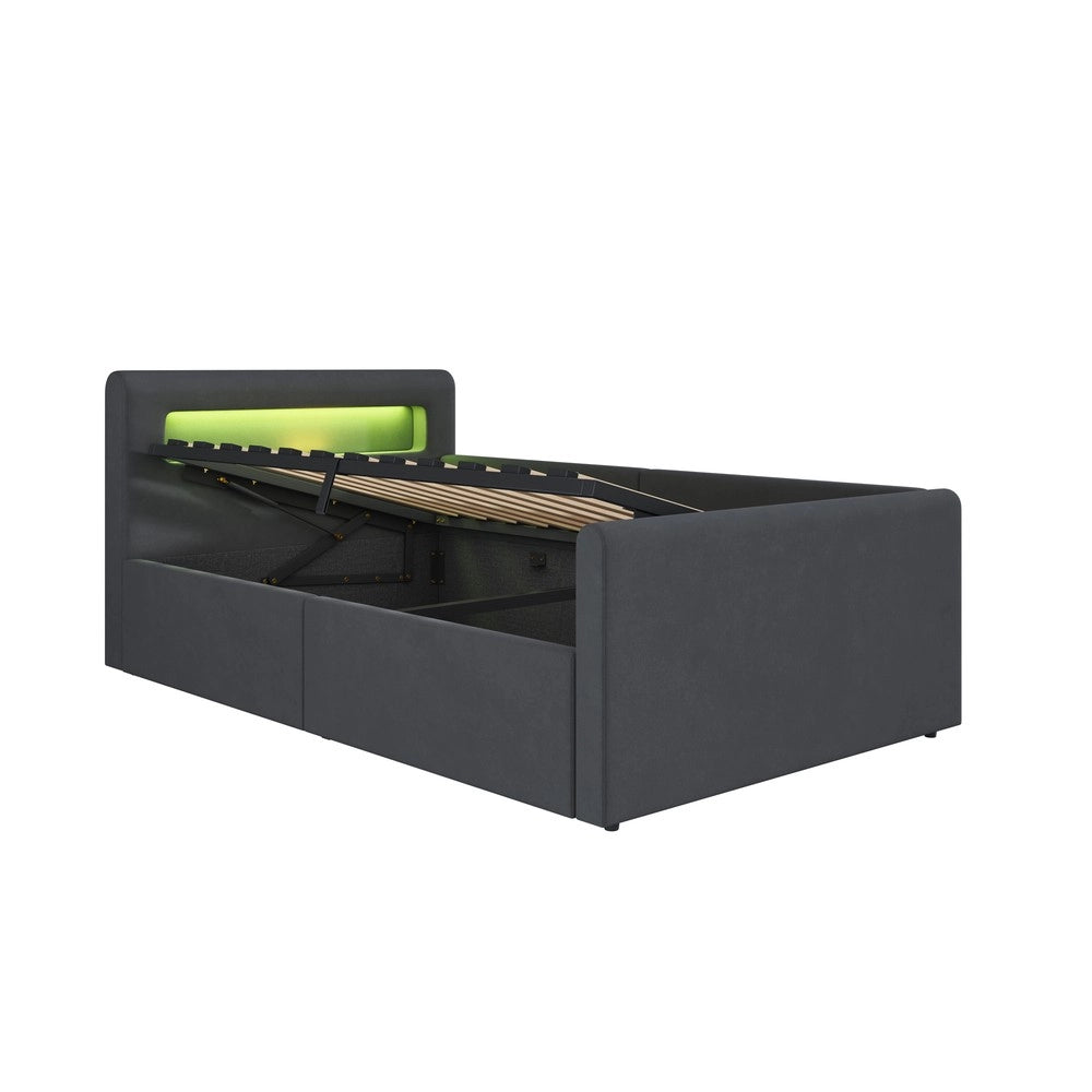 Letto Singolo Imbottito con LED, USB e Contenitore Idraulico ¨C MINIMAL ¨C Velluto Grigio Scuro 90x200