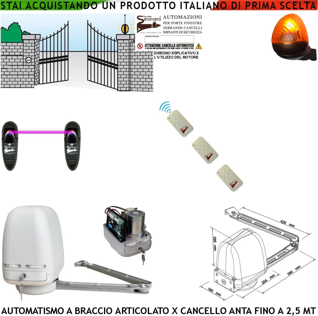 AUTOMAZIONE CANCELLO KIT MOTORE A BRACCIO ARTICOLATO 230/24 V ANTA BATTENTE DA 0,5 A 2,5 MT CENTRALE 3 RADIOCOMANDI FARO FOTOCELLULE