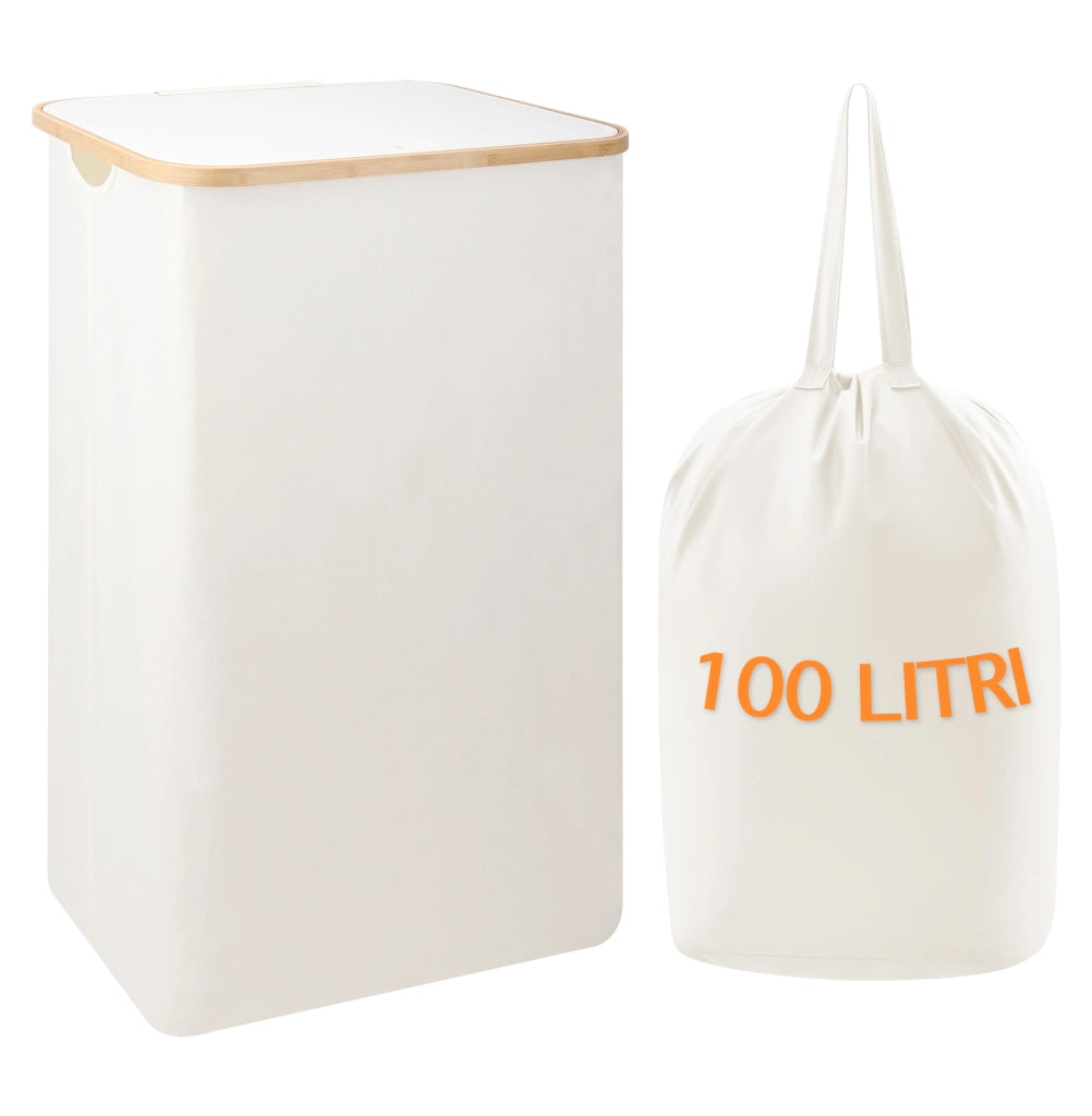 Cesto Portabiancheria Con Coperchio Cesta Bucato 100L Con Sacco Interno Removibile Tessuto Oxford Manici In Bambù Pieghevole Grande Biancheria Sporca - Bianco