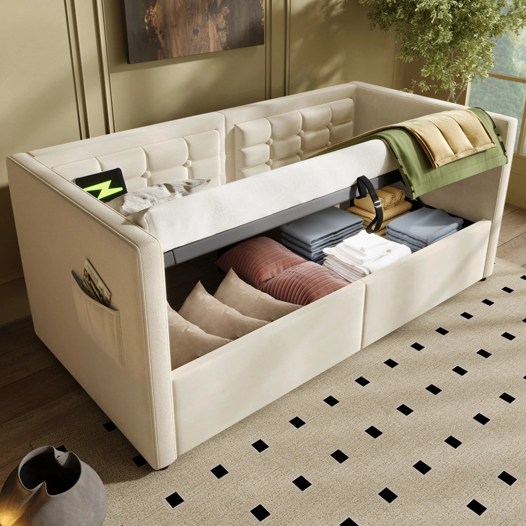 DIVANO LETTO 90x200 cm con vano contenitore, USB e Type-C Beige in velluto