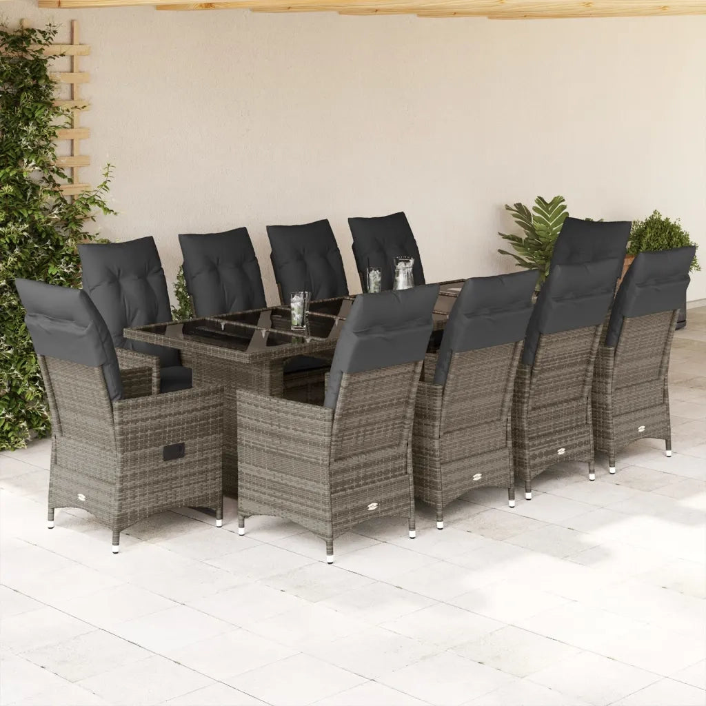 Set Bistrò da Giardino 11 pz con Cuscini in Polyrattan Grigio