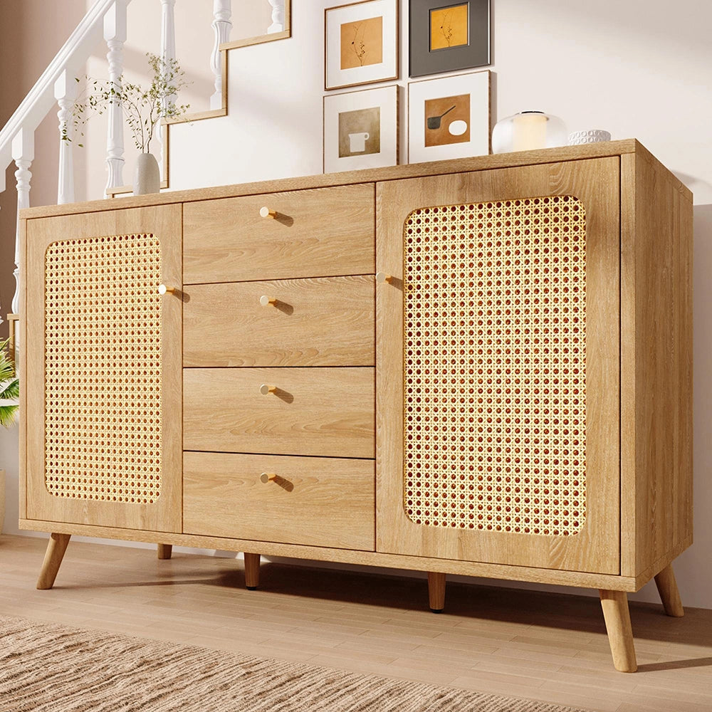 Buffet Commode con rotin - Xylo - 4 cassetti 2 ante scaffali regolabili