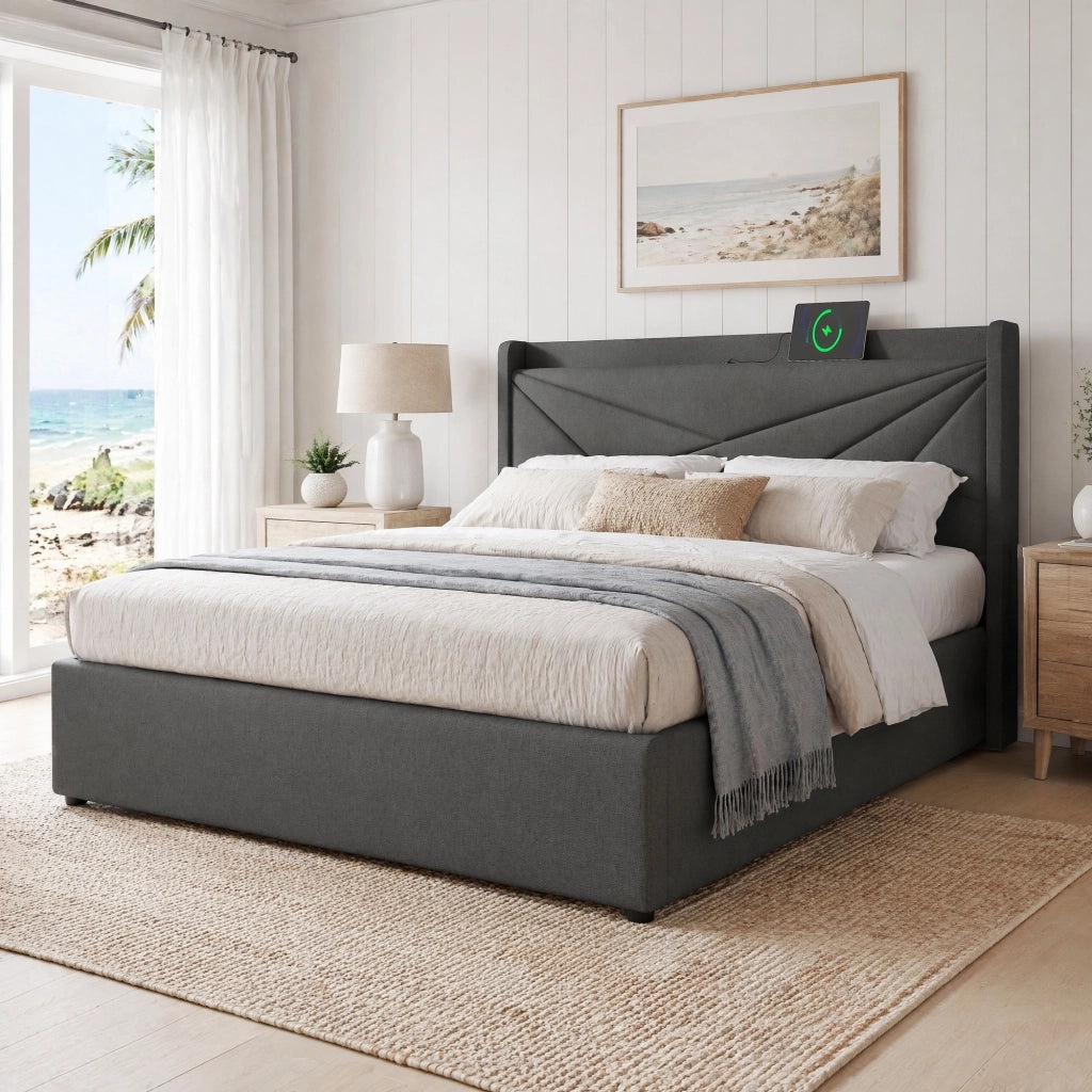 LETTO Contenitore 180x200 cm Grigio in cotone-lino con testiera e USB Type-C