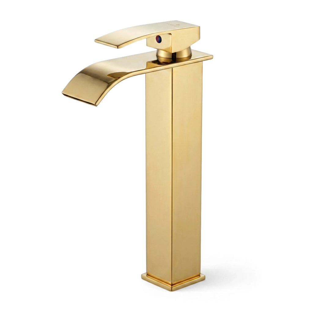 Rubinetto lavabo alto a cascata oro da appoggio miscelatore bagno EVIO