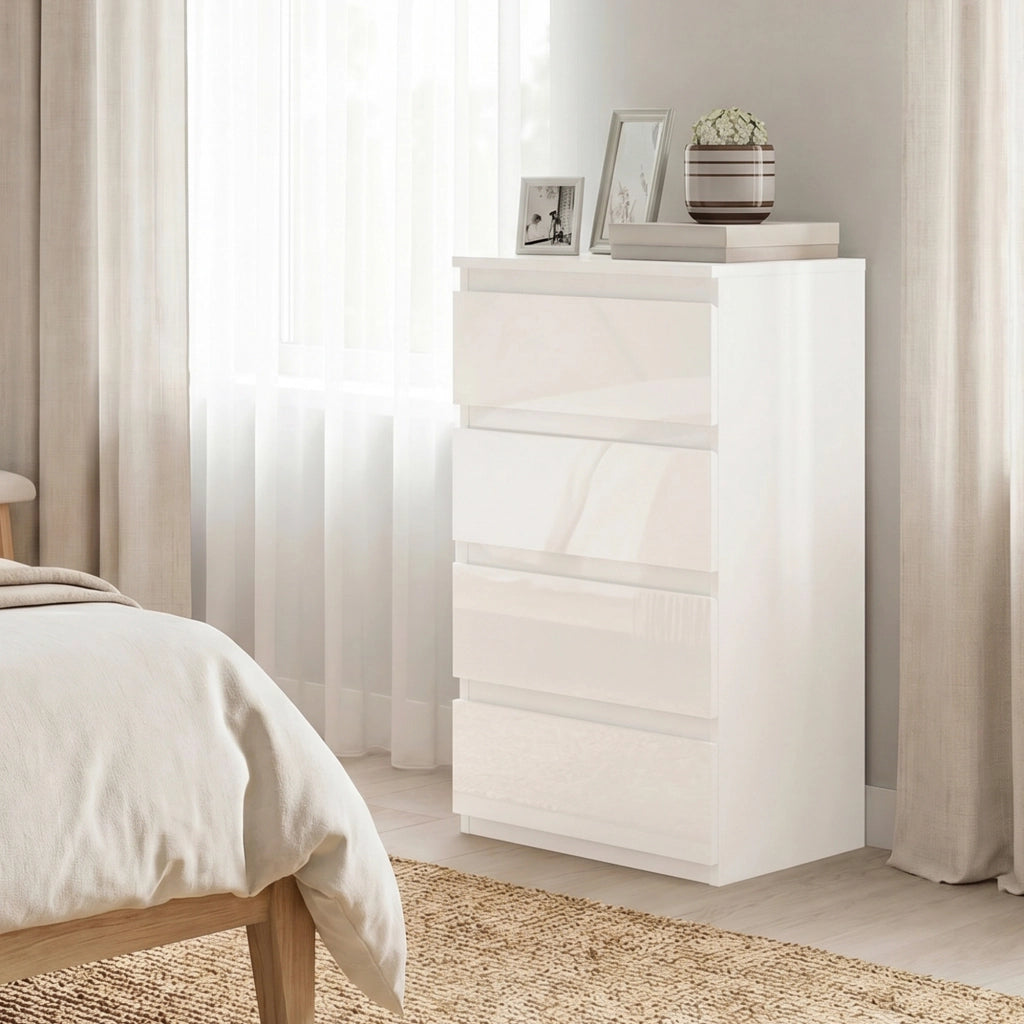 Com¨° Slim. 4 cassetti lucidi. bianco. per camera da letto.