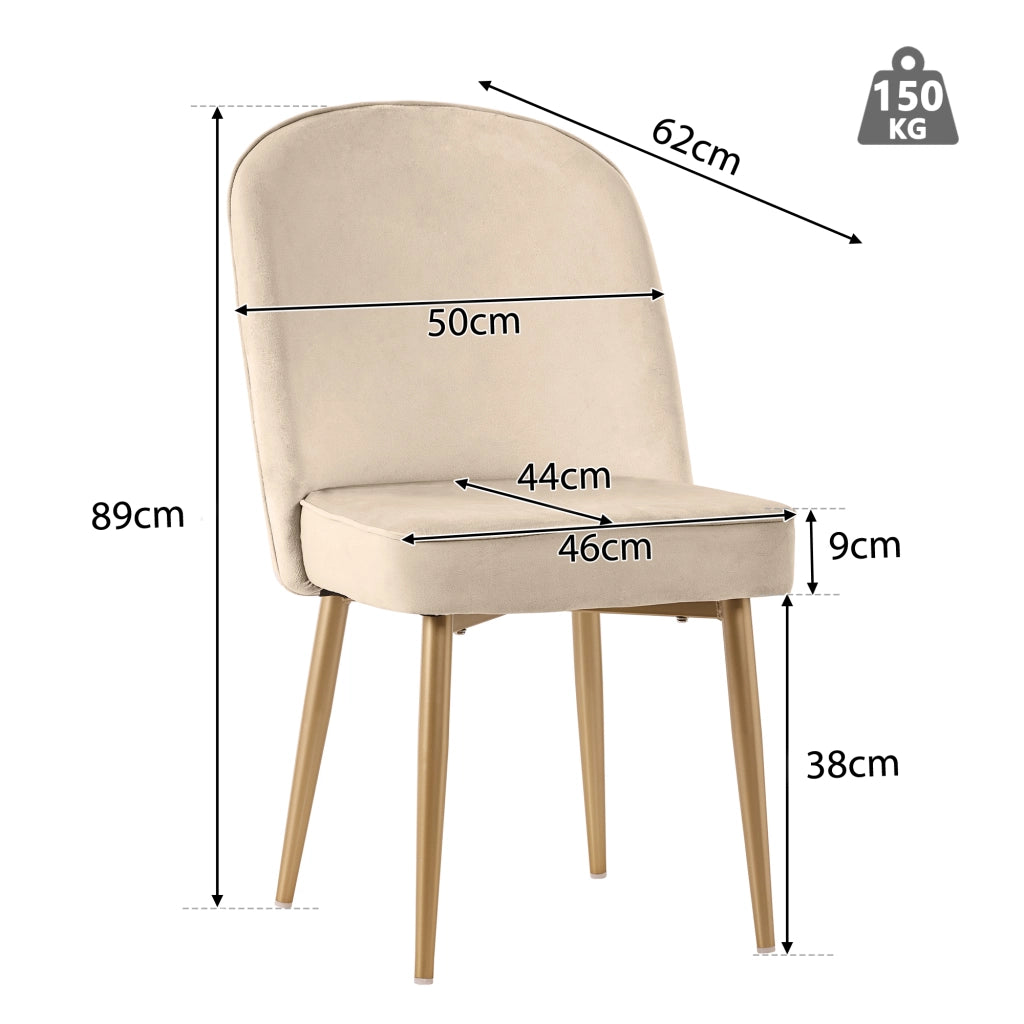 2 sedie da pranzo in velluto beige con gambe in metallo dorato, design moderno e comode