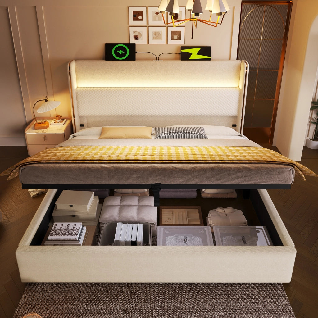 LETTO Contenitore idraulico 160x200 cm con LED e USB/Type-C in lino beige