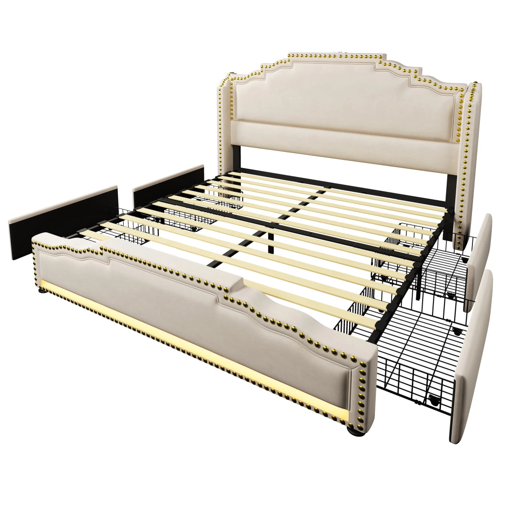 Letto imbottito 140x200 - Zephmum - 4 cassetti, LED, USB-C, velluto, beige