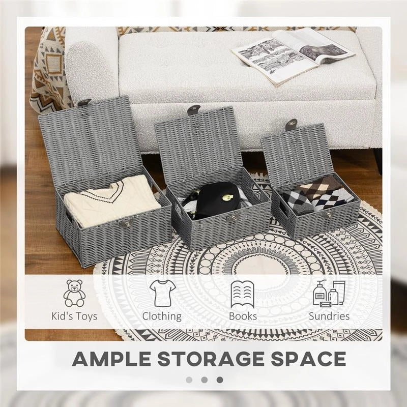 SET DI 3 CESTI IN VIMINI PP CON COPERCHIO DI DIVERSE DIMENSIONI, GRIGIO