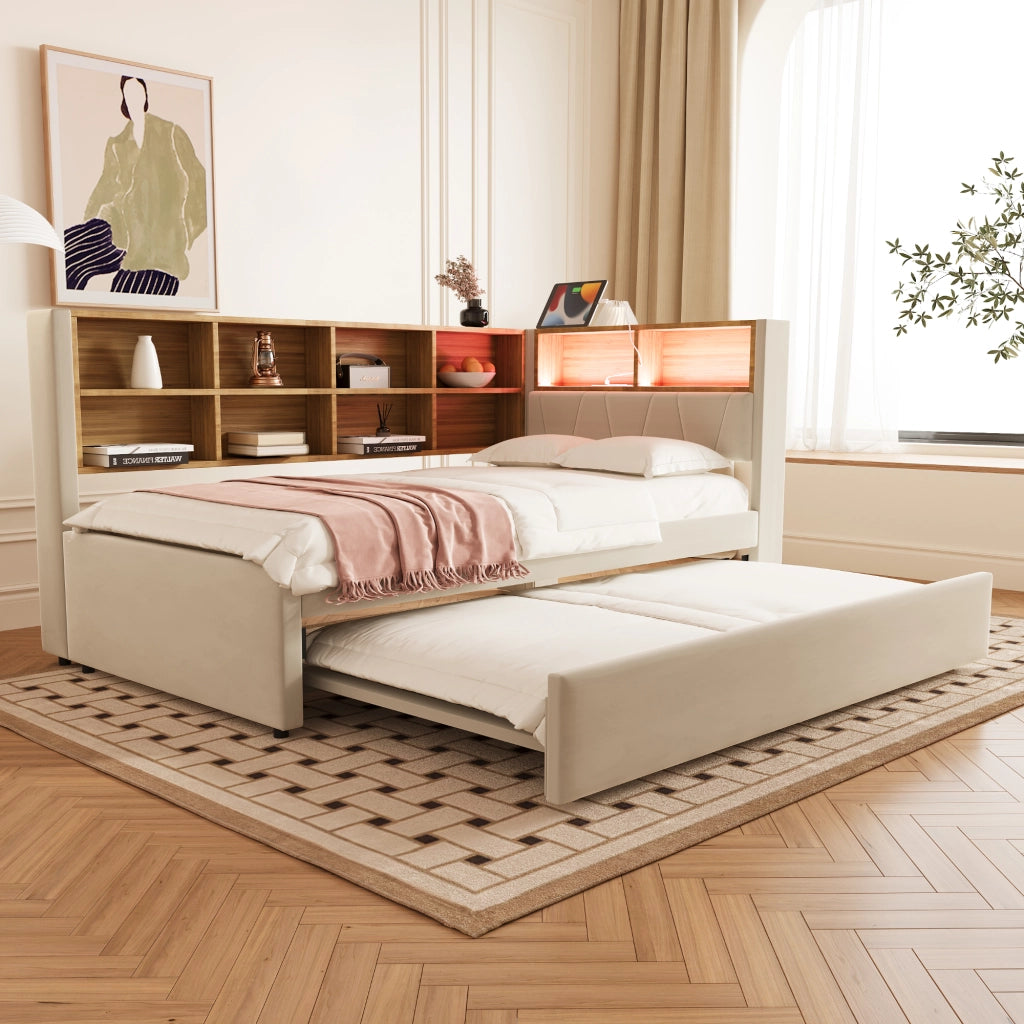 Divano letto 90x200 - Zephmum - LED, prese, ripiani, flanella beige