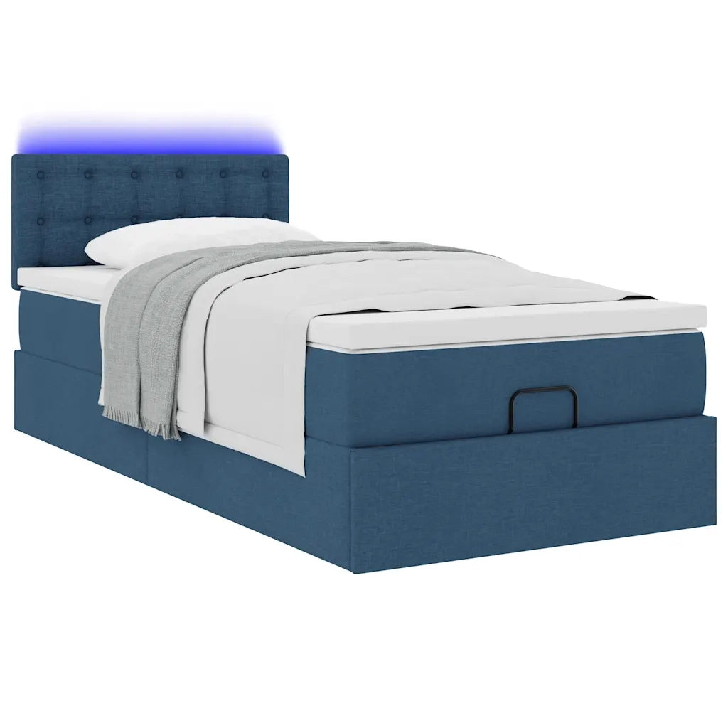 Pouf Letto con Materasso e LED Blu 90x200 cm in Tessuto