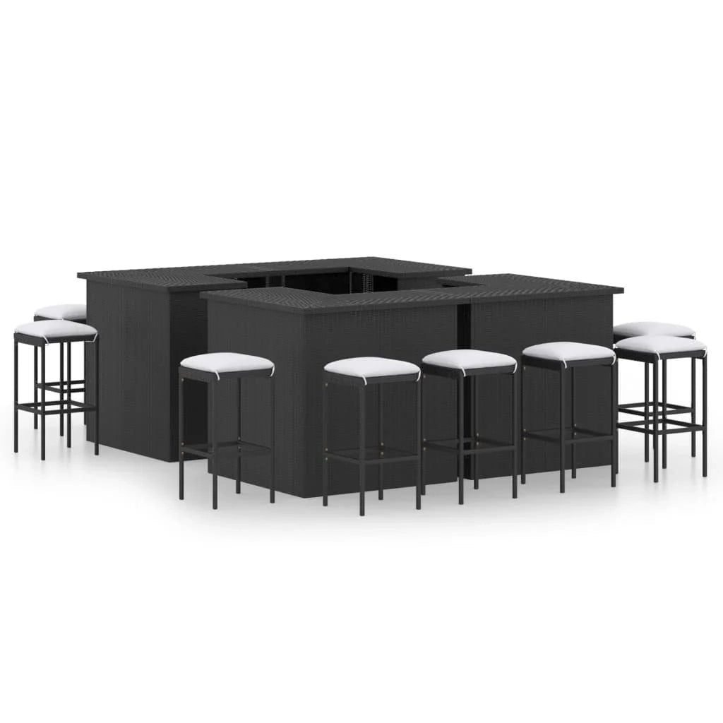 Mobile bar da giardino 16 pezzi e cuscini in resina intrecciata nera 02_0014498
