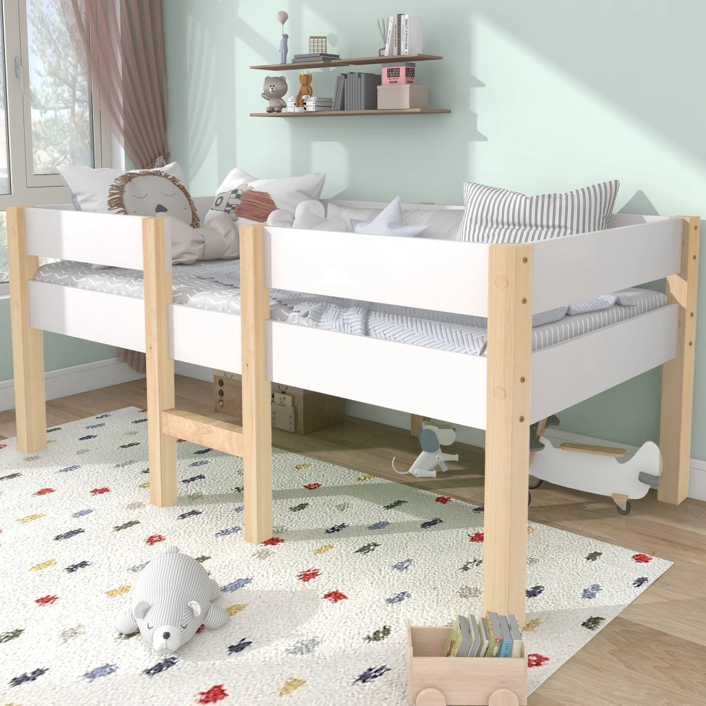 Letto singolo per bambini 90x190 cm con sponda anticaduta; struttura in pino massello; bianco e rovere
