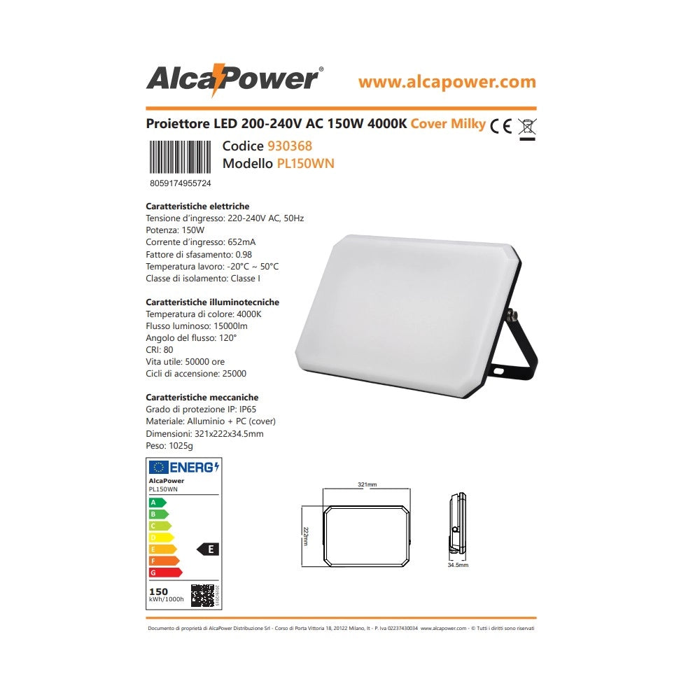 Alca power proiettore led 220-240v da 150w 4000k luce diurna