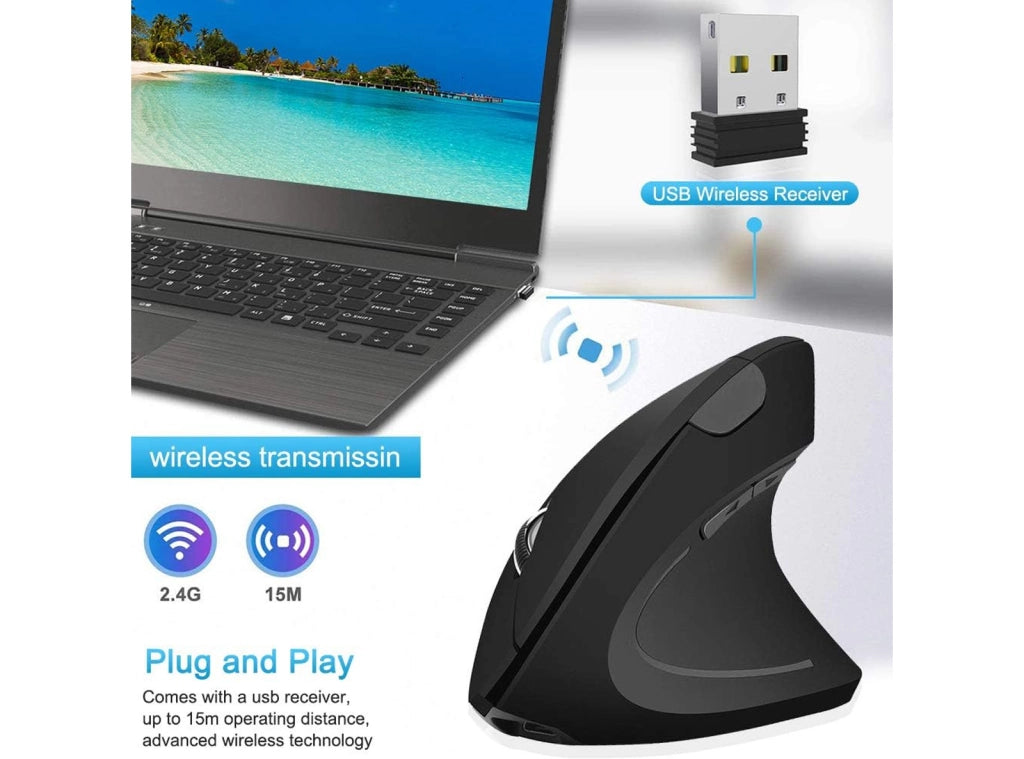 Mouse Ergonomico Verticale Ricevitore Bluetooth o USB Type-C Clic Silenziosi 5 Tasti per PC Laptop Mac
