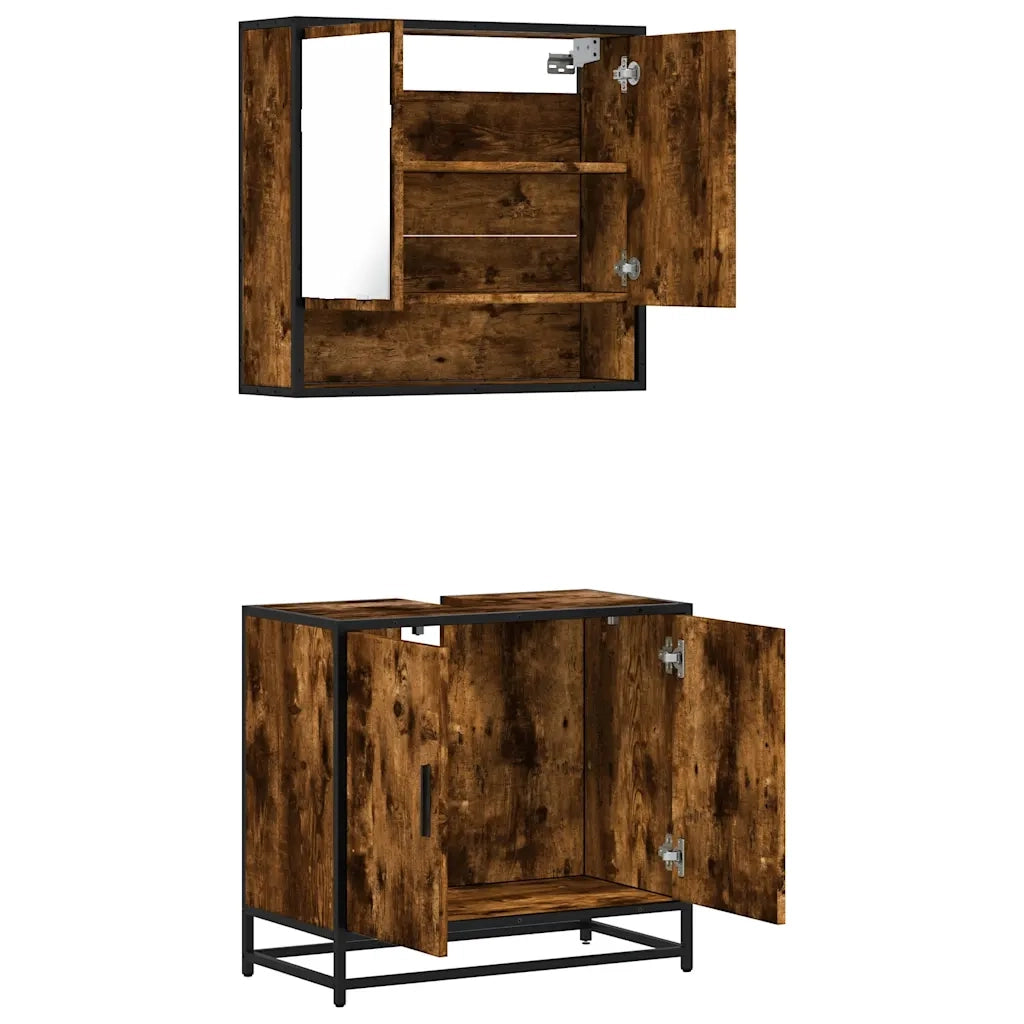 Set Mobili da Bagno | Armadio da bagno 2 pz Rovere Fumo in Legno Multistrato