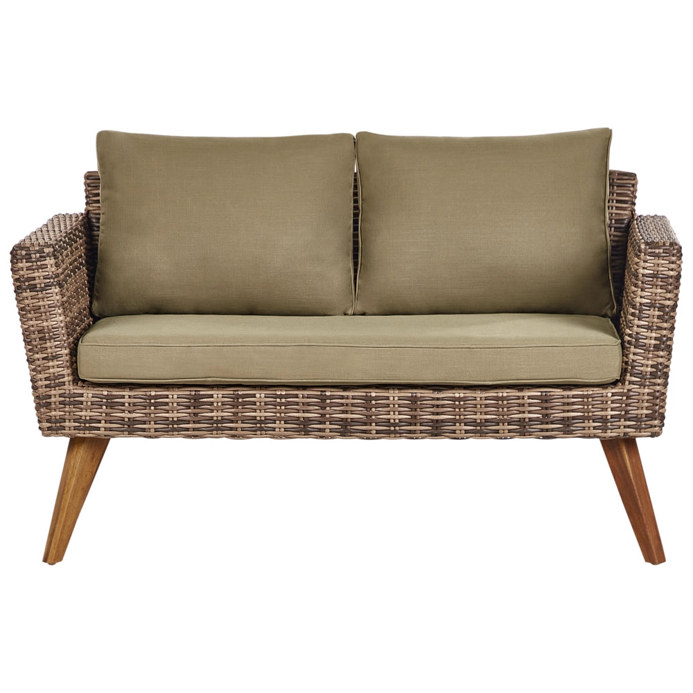 Set da giardino con divano e poltrone in rattan verde oliva esterno elegante