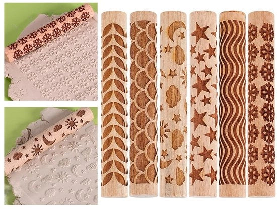 Strumento per modellazione 6 stili - Rullo in legno - Rullo a stampo - Rullo per sbalzo - Modellazione - Lunghezza 102 mm