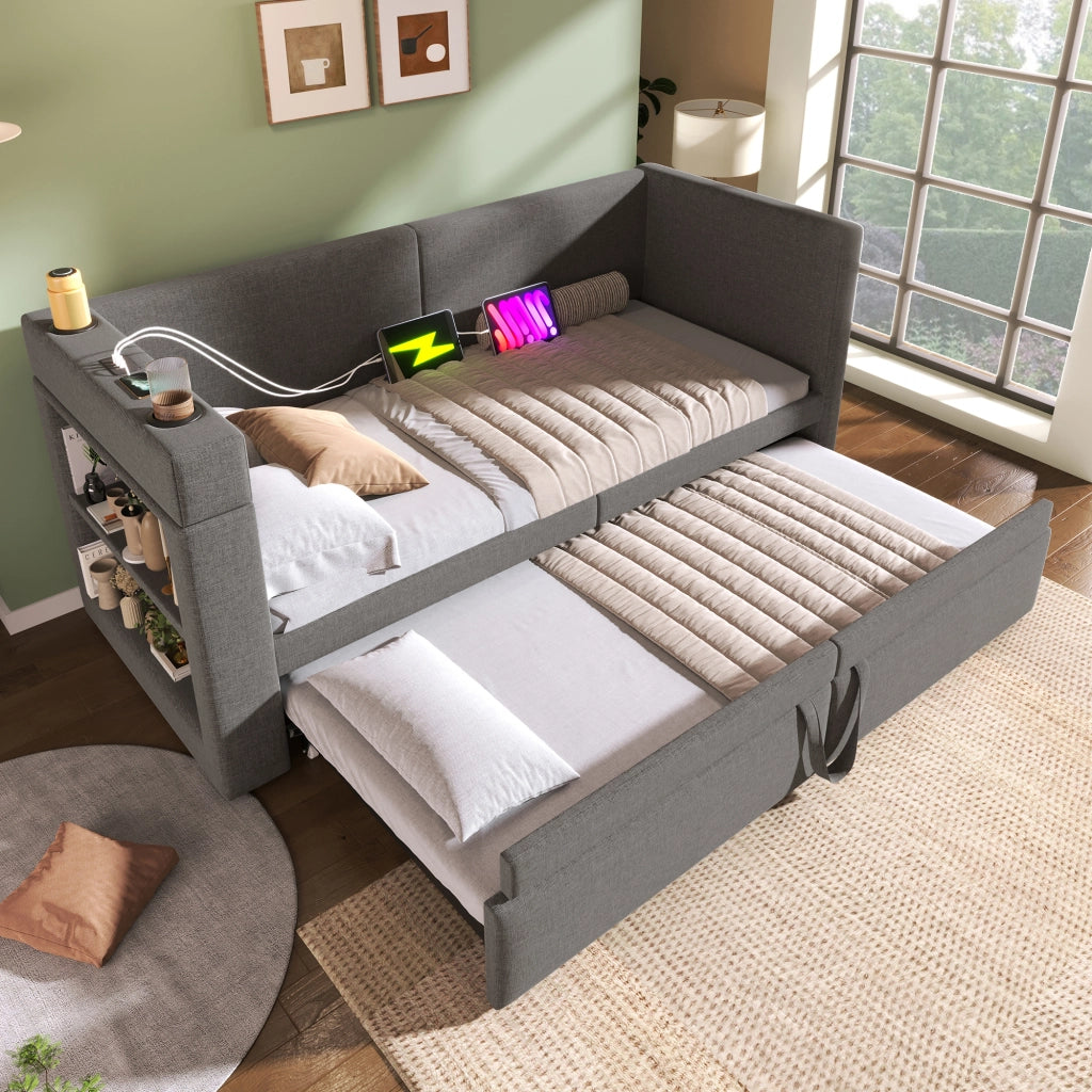 LETTO Daybed imbottito estraibile 90x200 cm Grigio con USB e Type-C senza materasso