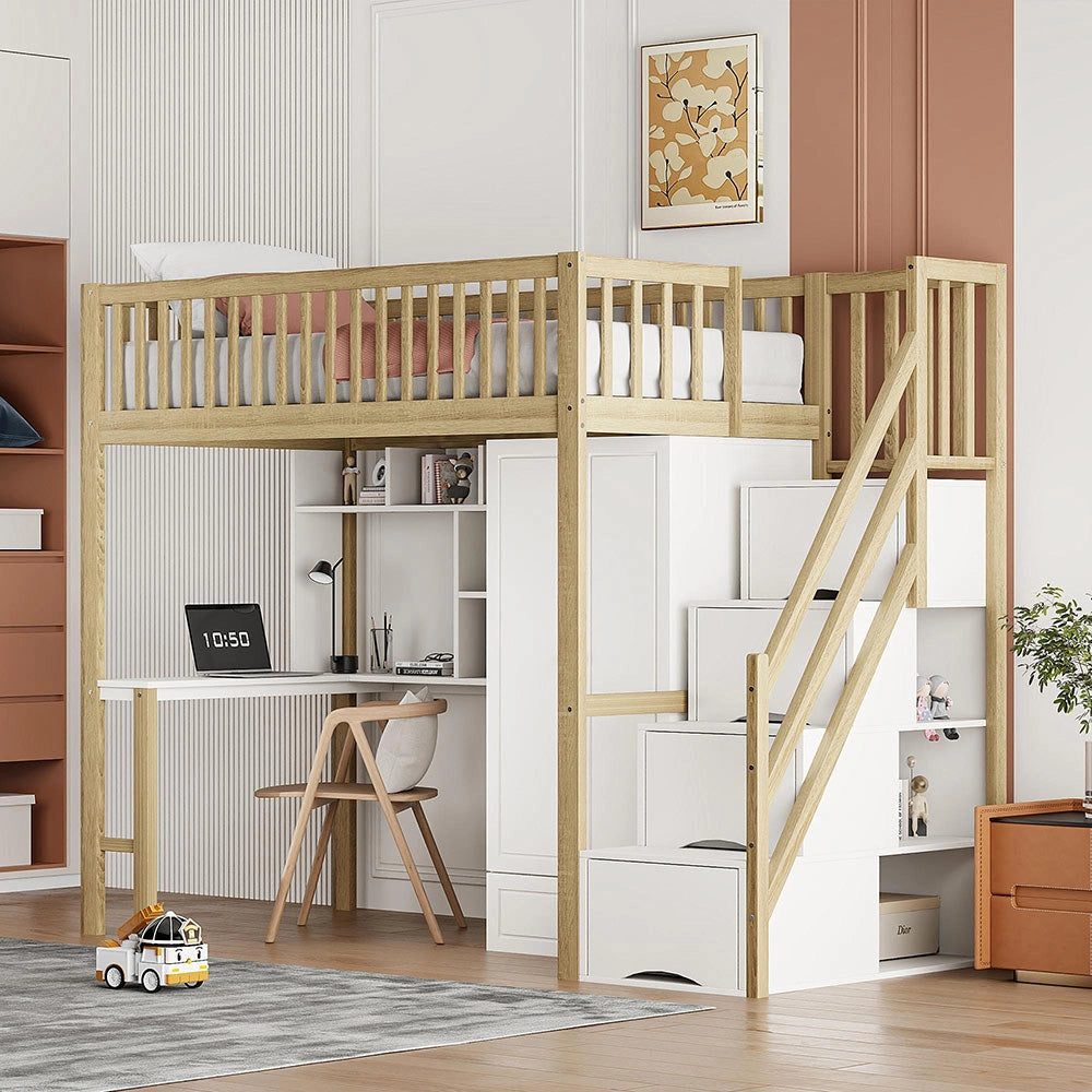 Letto a Soppalco Multifunzione – Xylo – 90x200cm, Legno Bianco, Grande Armadio, Scaffale, Tavolo, Scala, Ripostiglio