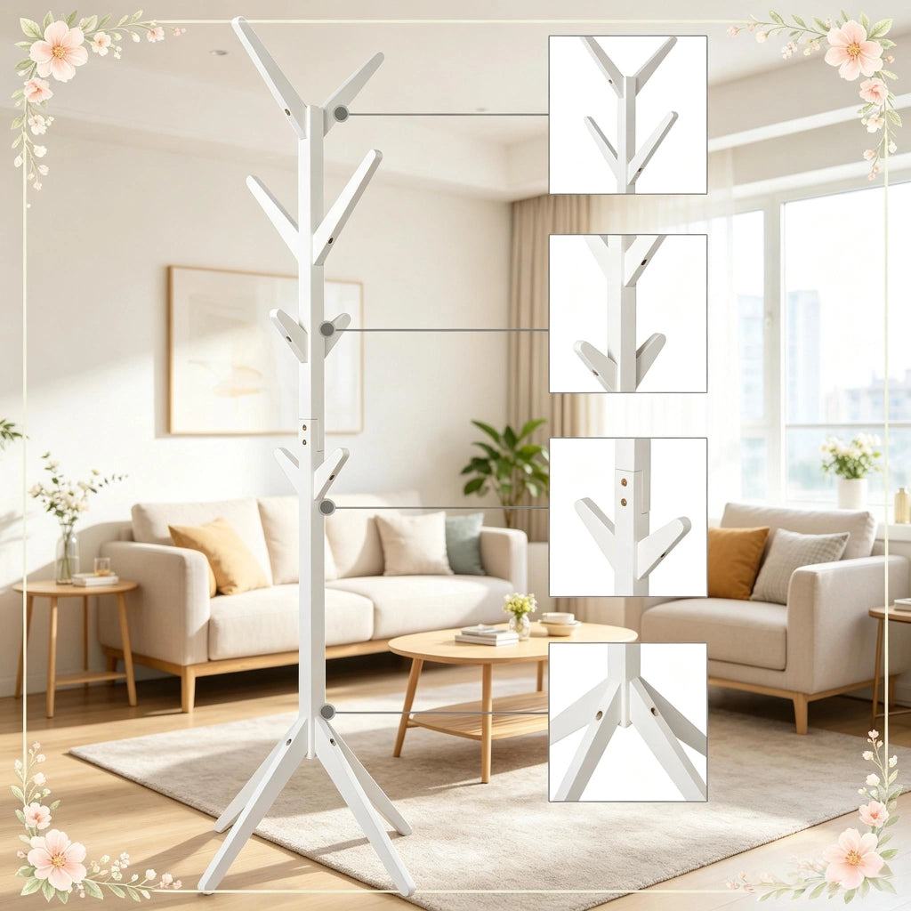 APPENDIABITI da Terra 43x43x180 cm in Legno Massello Bianco con 8 Ganci