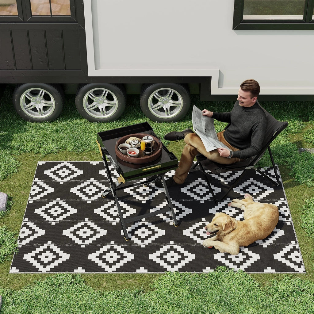 Tappeto Esterno per Balcone e Terrazza Reversibile con Fantasia Geometrica, 2.74x1.82 m, Nero e Bianco