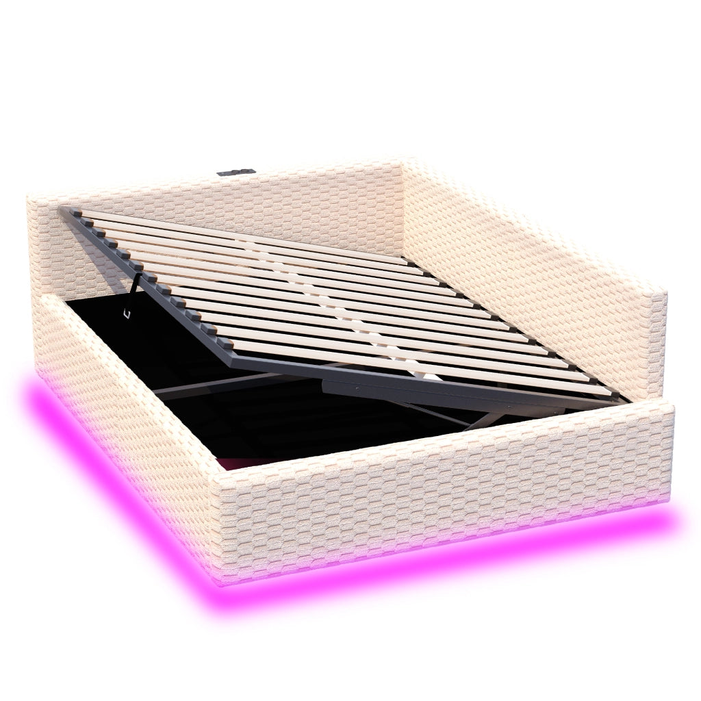 Letto Imbottito 140x200 con LED e USB ¨C MINIMAL ¨C Velluto Beige, Idraulico