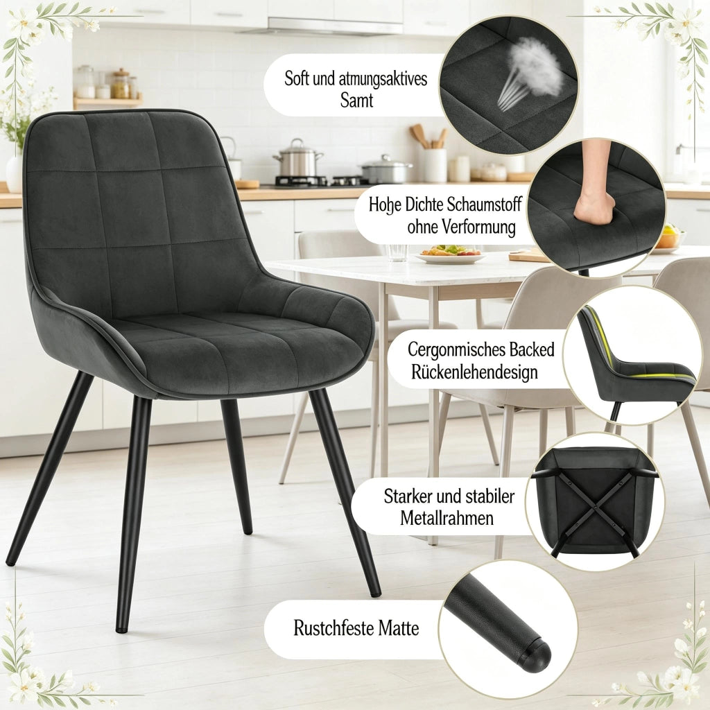 SEDIA Imbottita 81,5 cm Velluto Grigio Scuro Set da 4 pezzi