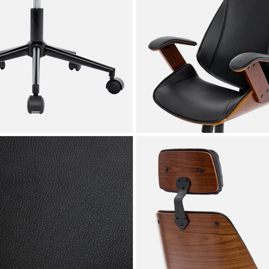 Sedia da ufficio con rotelle, effetto legno curvato e similpelle, nero
