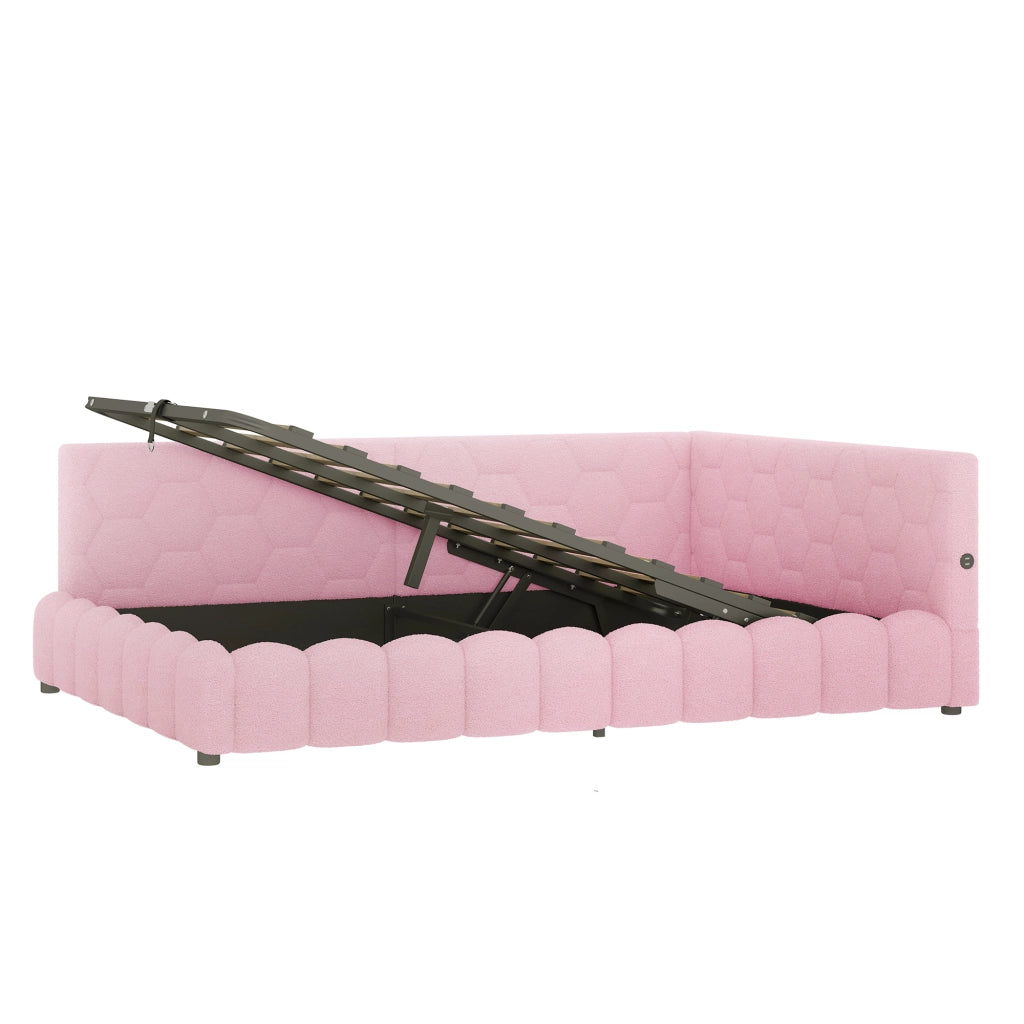 Daybed 140x200 cm con rete a doghe, contenitore idraulico, LED, USB e Type-C, rosa