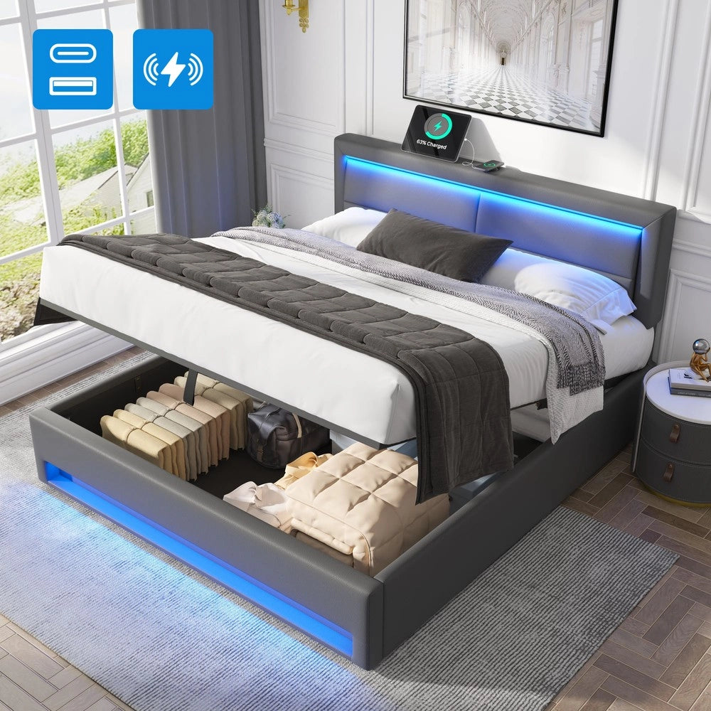 Letto Imbottito Contenitore con LED e USB ¨C MINIMAL ¨C Grigio 140x200