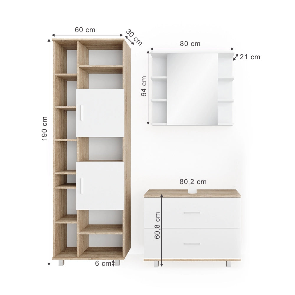 Vicco Set mobili bagno Bianco/Sonoma 3 pezzi, con base 80 cm
