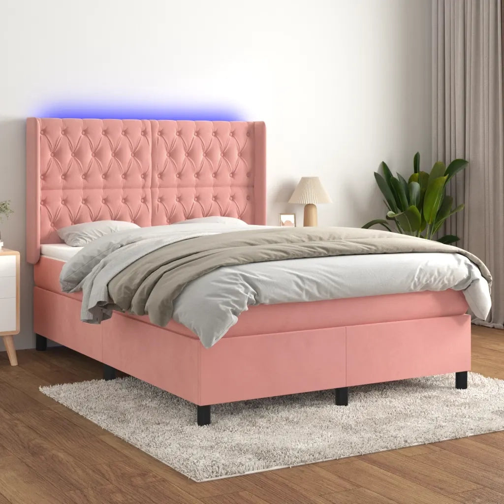 Letto a Molle con Materasso e LED Rosa 140x200 cm in Velluto 3139750