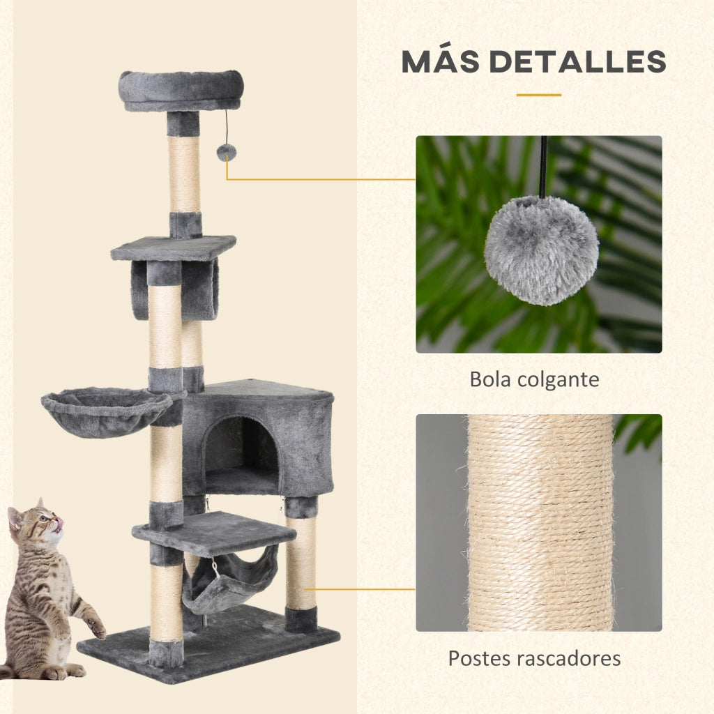 Torre per Gatti con Piattaforme Tunnel e Amaca ¨C Minimal ¨C Grigio 60x40x154 cm