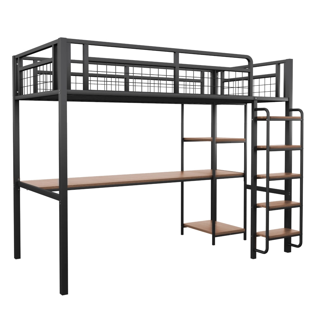 Letto a Soppalco Singolo con Scrivania e Ripiani ¨C MINIMAL ¨C Metallo Nero 90x200