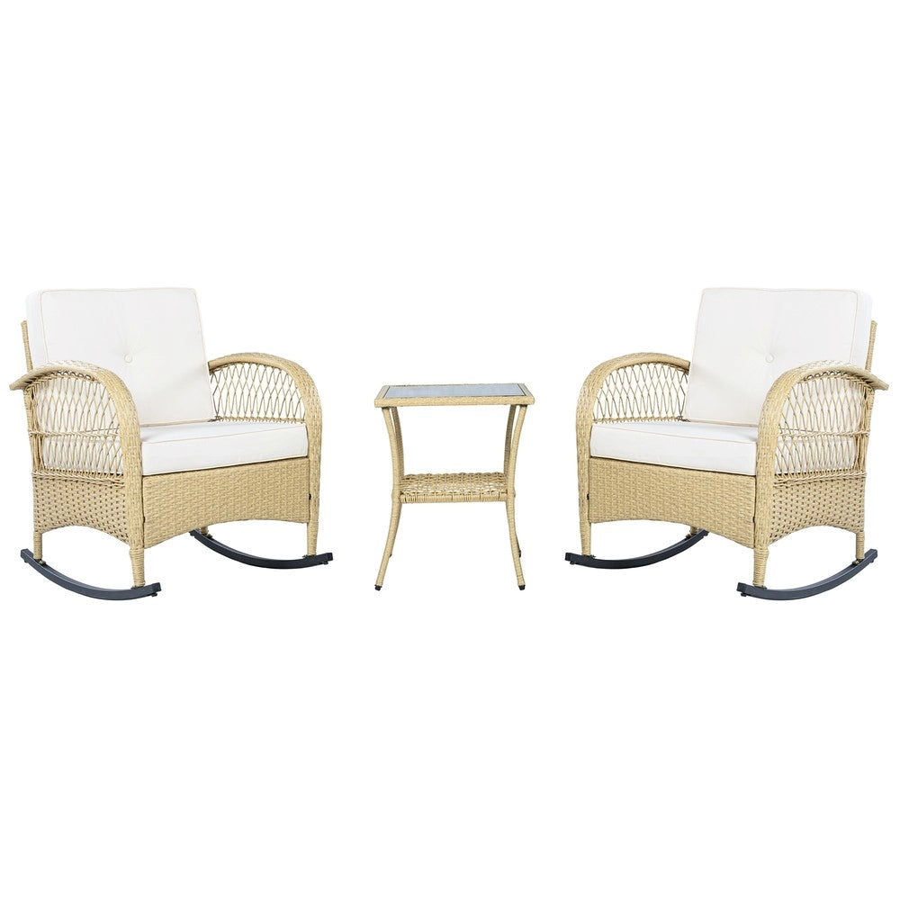 Set da balcone in rattan - Zephmum- 3 pezzi con dondolo e cuscini beige, portata 160 kg