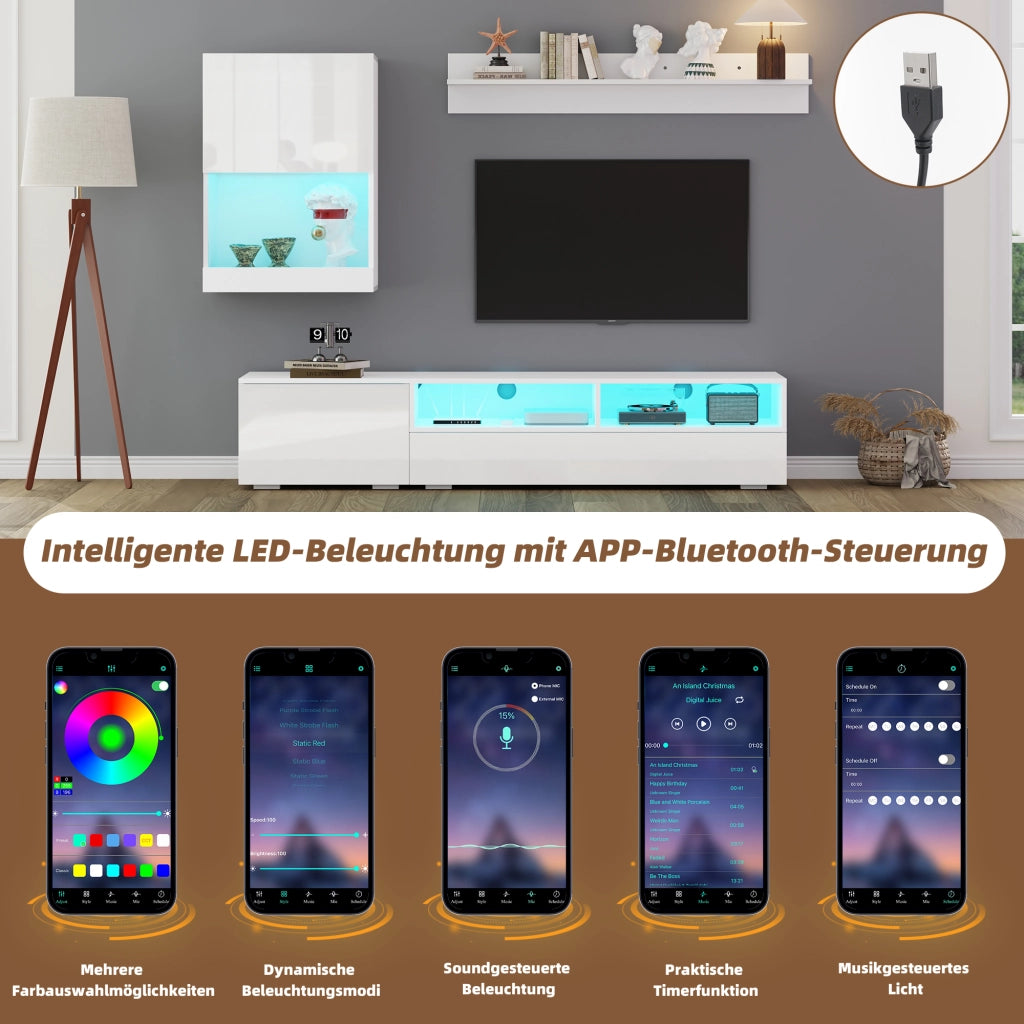 MOBILE TV Set da 3 pezzi 175 cm con LED Bianco lucido