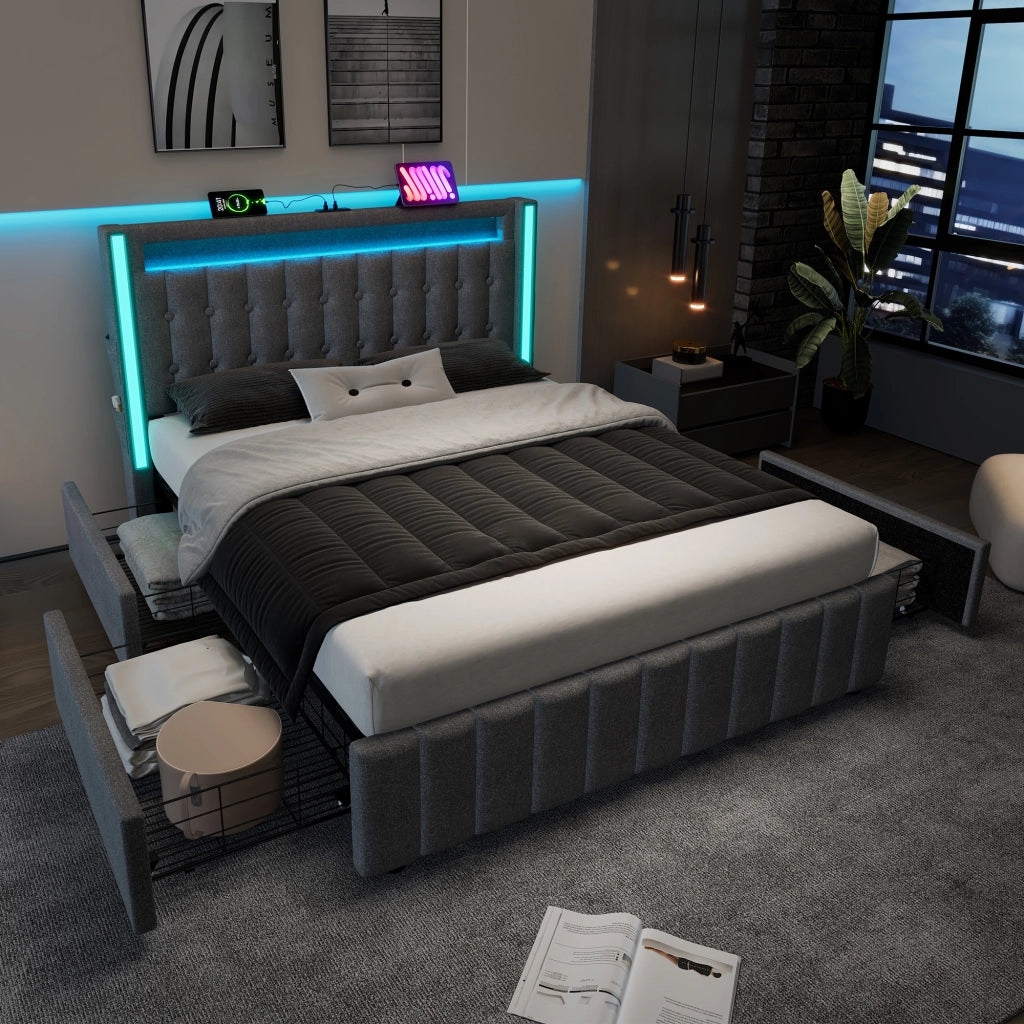 LETTO in lino 160x200 cm grigio con USB, LED e 4 cassetti