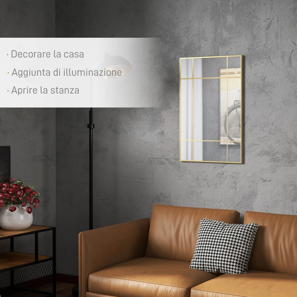 Specchio da Parete Stile Finestra con Montaggio Verticale e Orizzontale, 90x60 cm, Oro