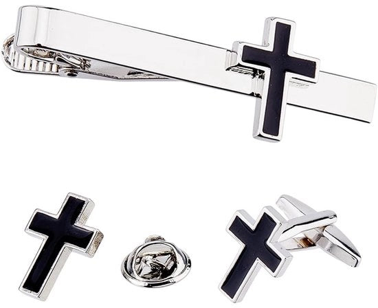 Fibbia Camicia Nero/Croce - Accessori per Cravatta - Broches per Camicia - Acciaio Inox Email - Uomo/Donna - Disegno Unico - Spilla a Fiocco