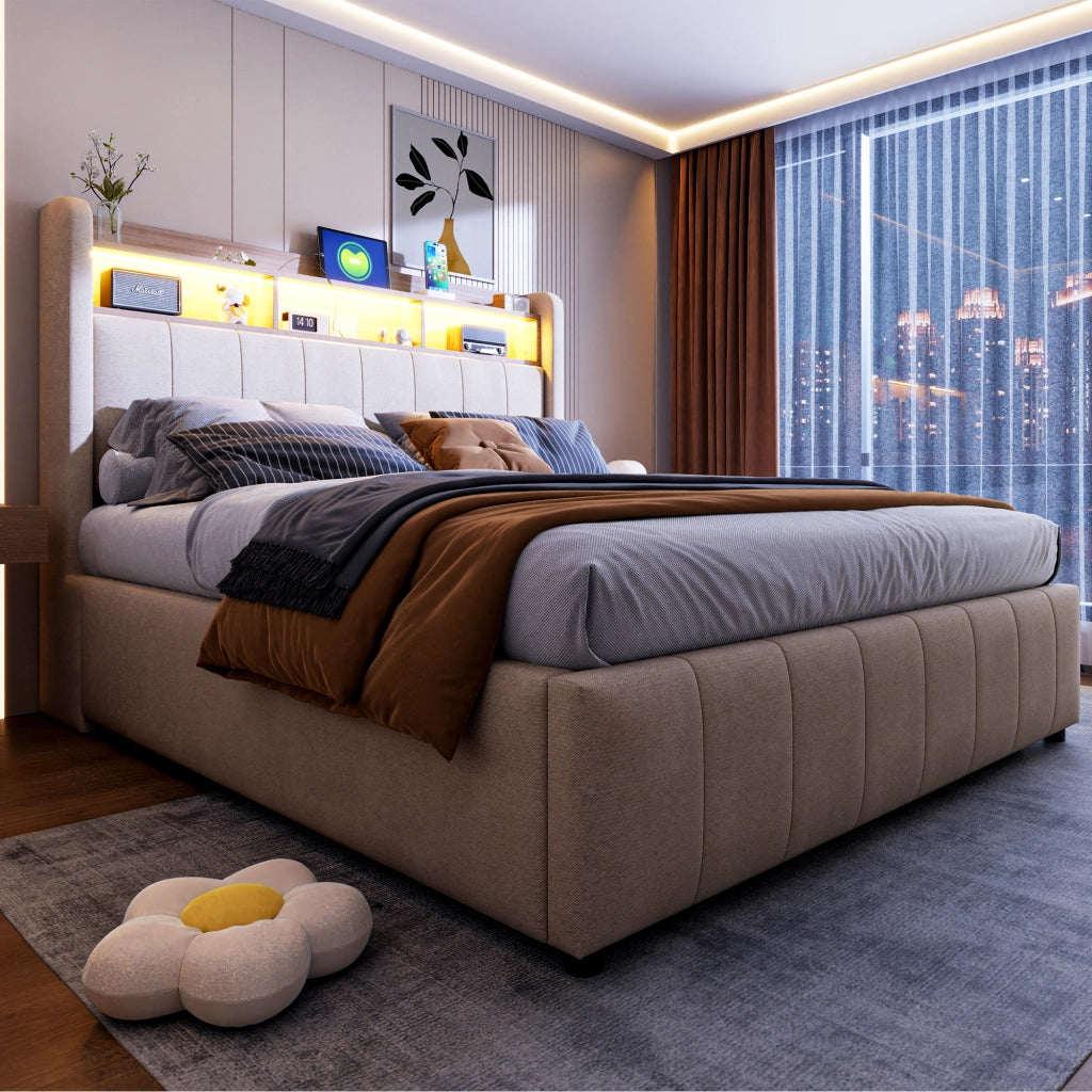 LETTO imbottito 140x200 cm Beige con LED, USB, porta Type-C e contenitore idraulico