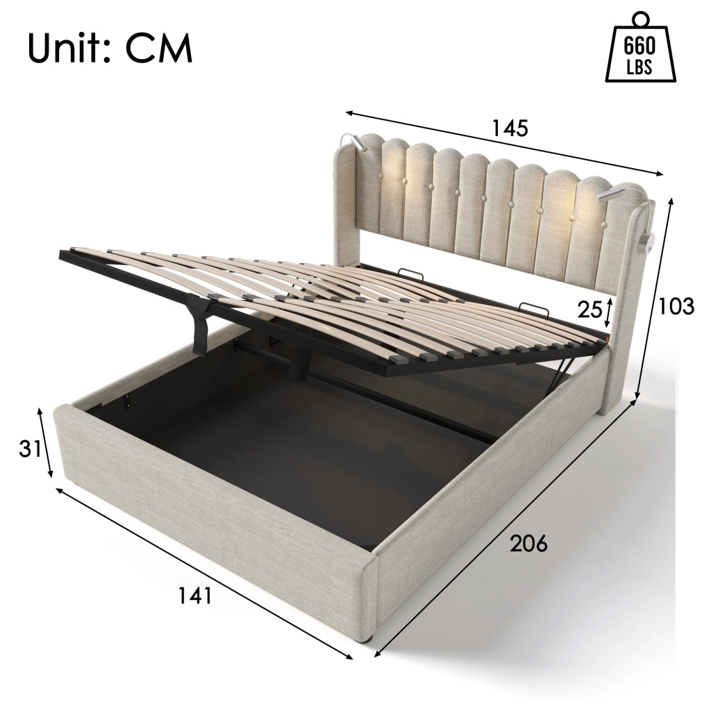 LETTO Contenitore 160x200 cm Lino Beige con luce da lettura e USB