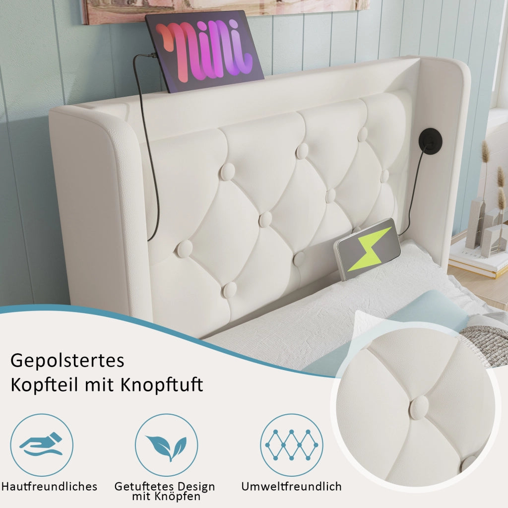 LETTO Imbottito 90x200 cm in PU Bianco con USB Tipo-C e LED, contenitore idraulico