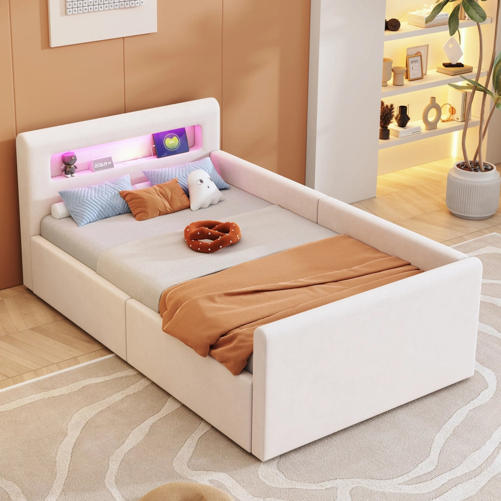 LETTO imbottito per bambini 90x200 cm in velluto beige con LED, USB e contenitore
