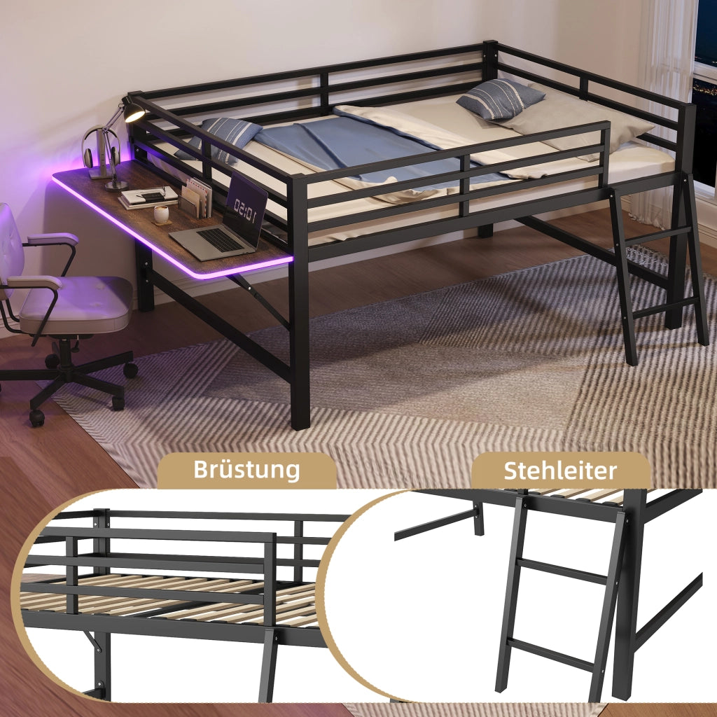 LETTO in metallo 140x200 cm nero con scala, scrivania e LED