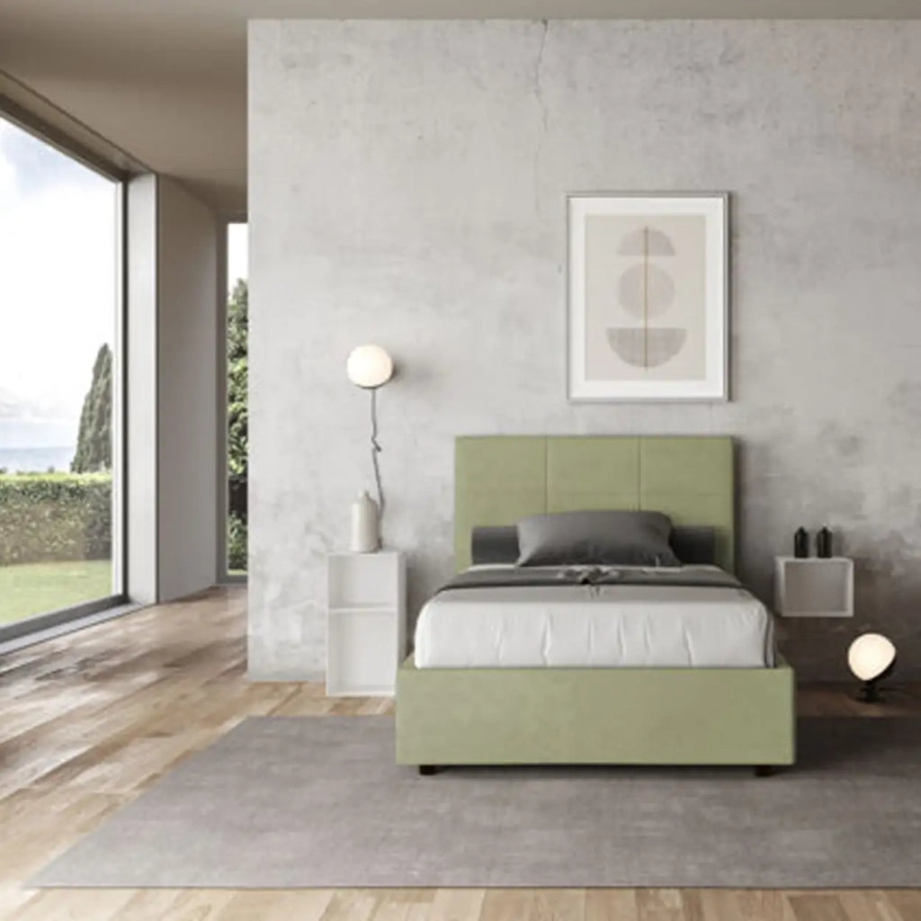 Letto una piazza e mezza contenitore imbottito 120x190 microfibra tè verde Mika