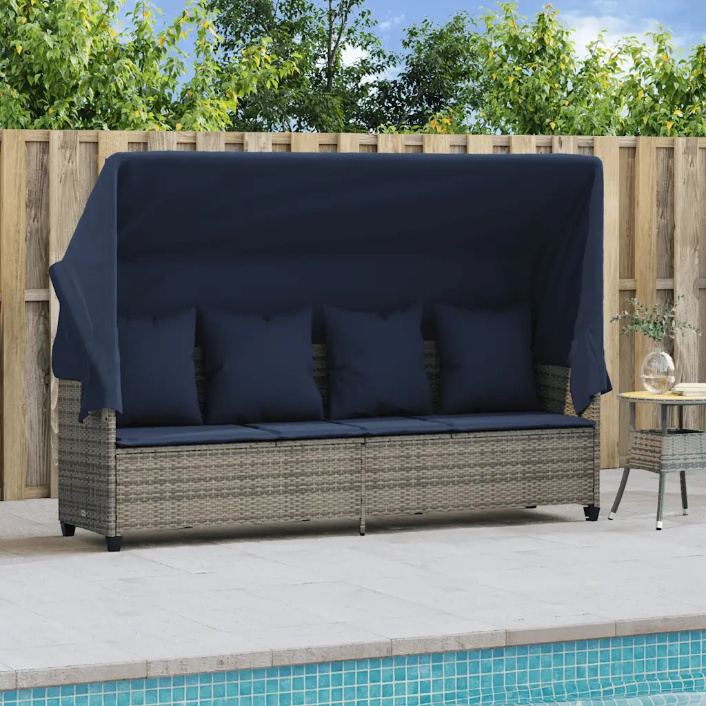 Lettino Prendisole con Baldacchino e Cuscini Grigio Polyrattan 368360