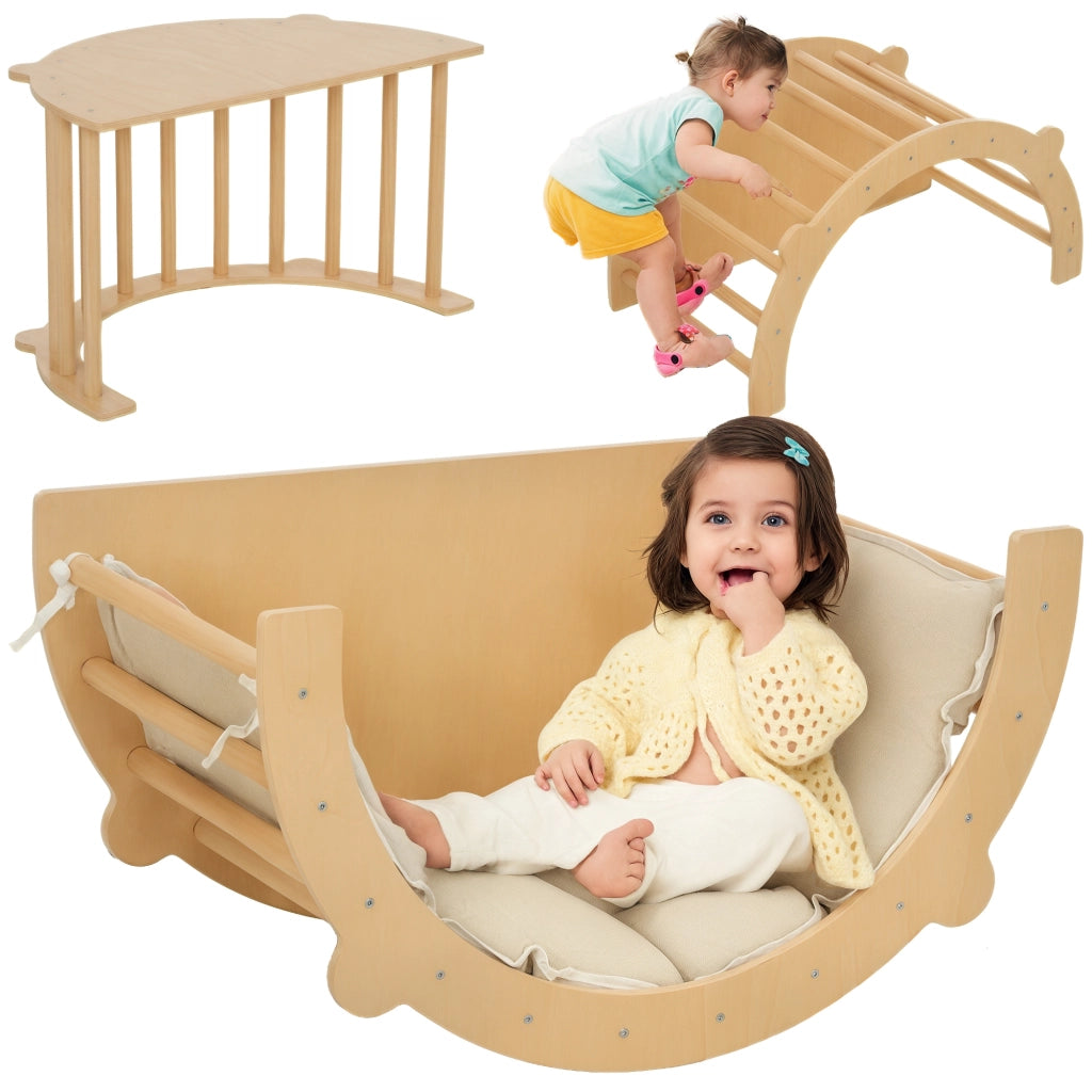 Arco Montessoriano 3 in 1 per Bambini da 18-48 Mesi, Struttura da Arrampicata, Tavolino e Dondolo con Cuscino