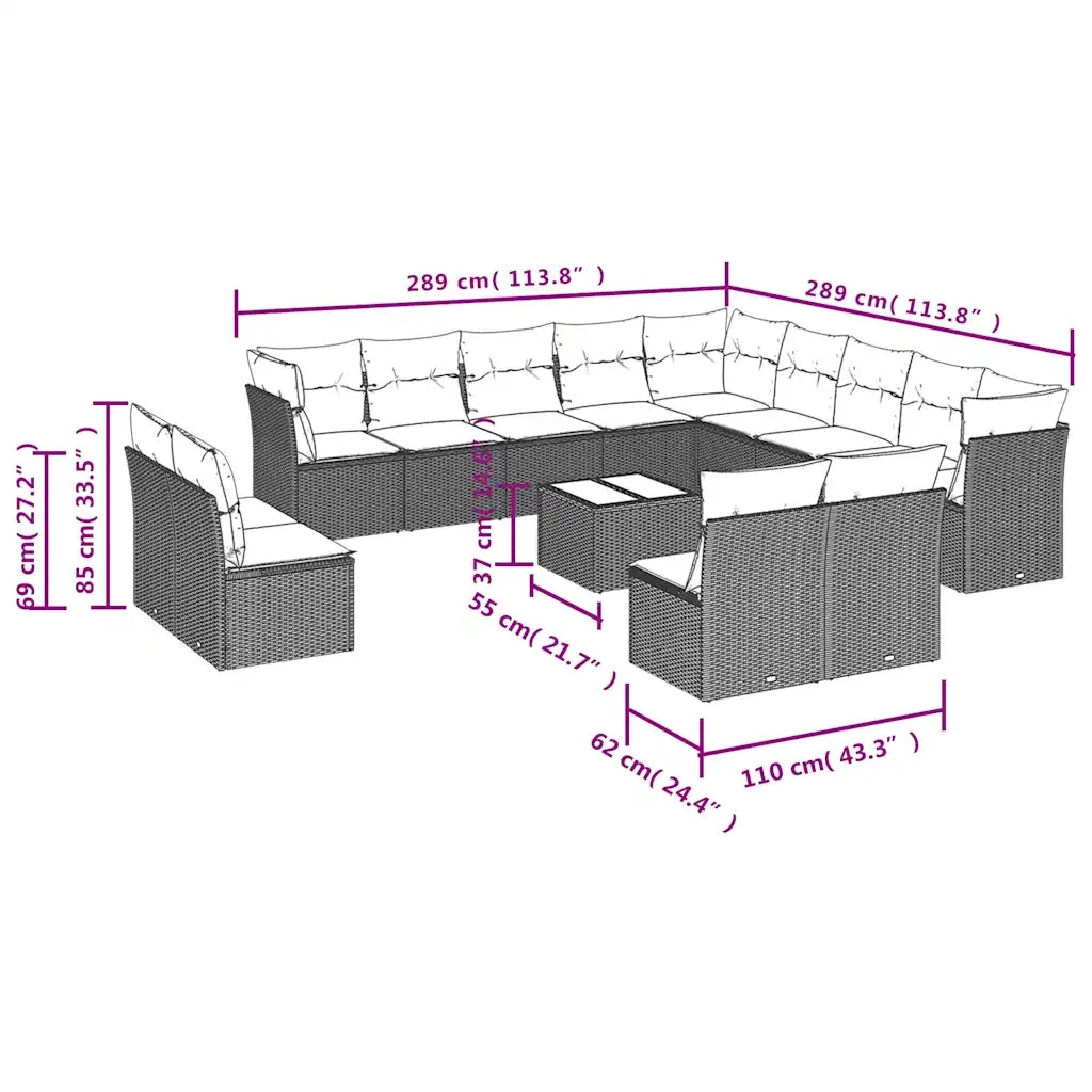 Set Divani da Giardino 14pz con Cuscini in Polyrattan Marrone 3218503